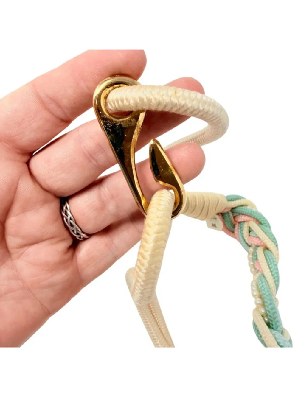 Vintage Pastel Braided Stretch Belt Cream Beaded Pearl Nylon Womens 1980s‎